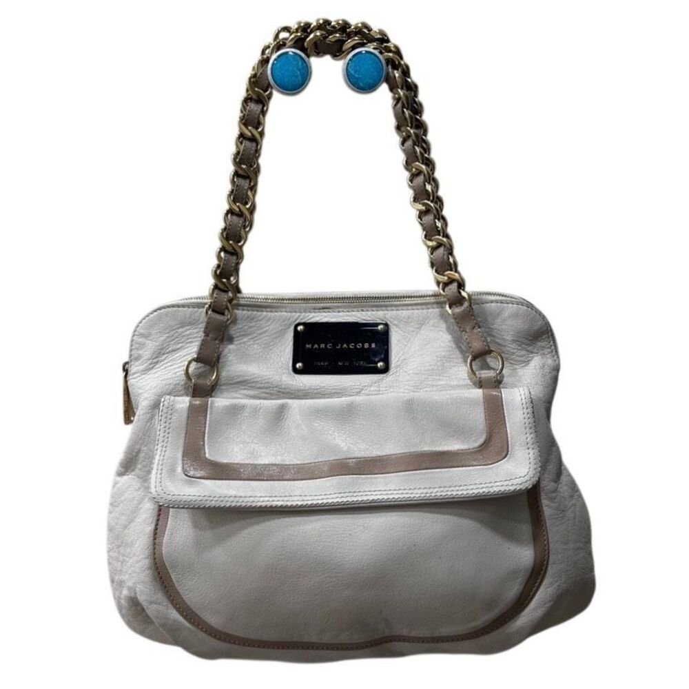 Marc Jacobs Olga Seventies Satchel Bag Women's Ivory Tan Leather Chain Strap - Picture 2 of 14